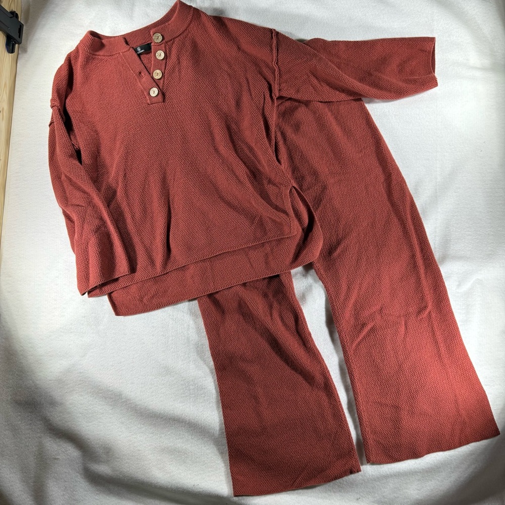 Rust Brick Knit Lounge oversized matching Set button flare stretch slouchy cozy